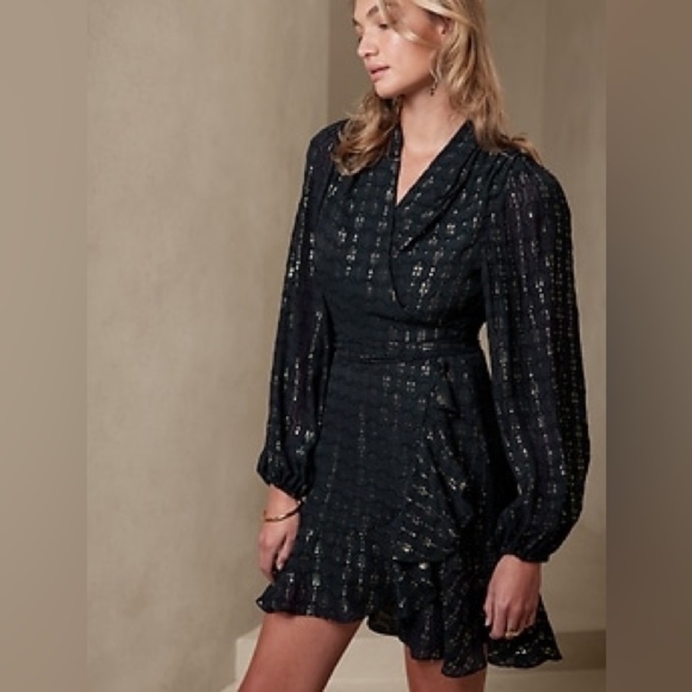 Banana Republic Aida Jacquard Metallic Wrap Dress Size S Navy Gold